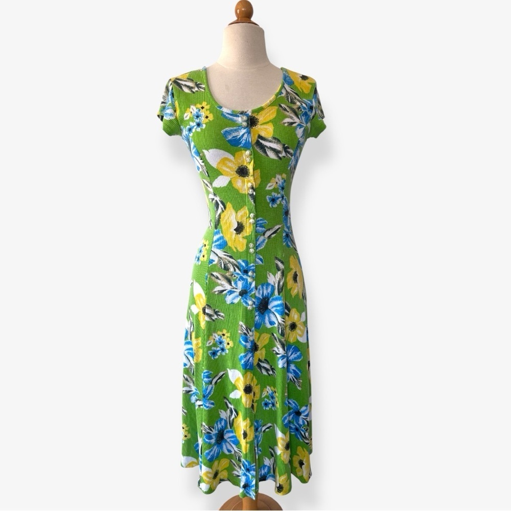 Vintage 90s Floral Green ribbed Maxi Dress
